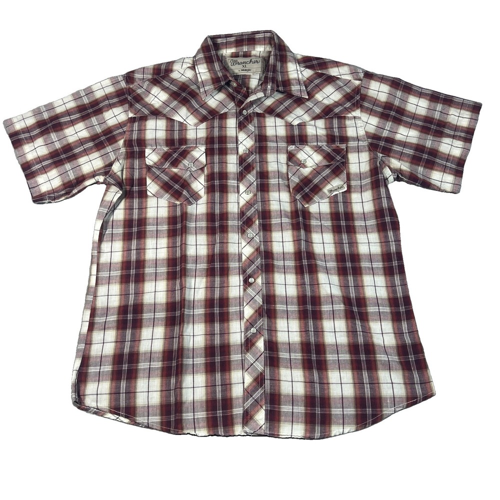 Wrangler Wrancher Mens Red Plaid Western Snap Short Sleeve Shirt XL
